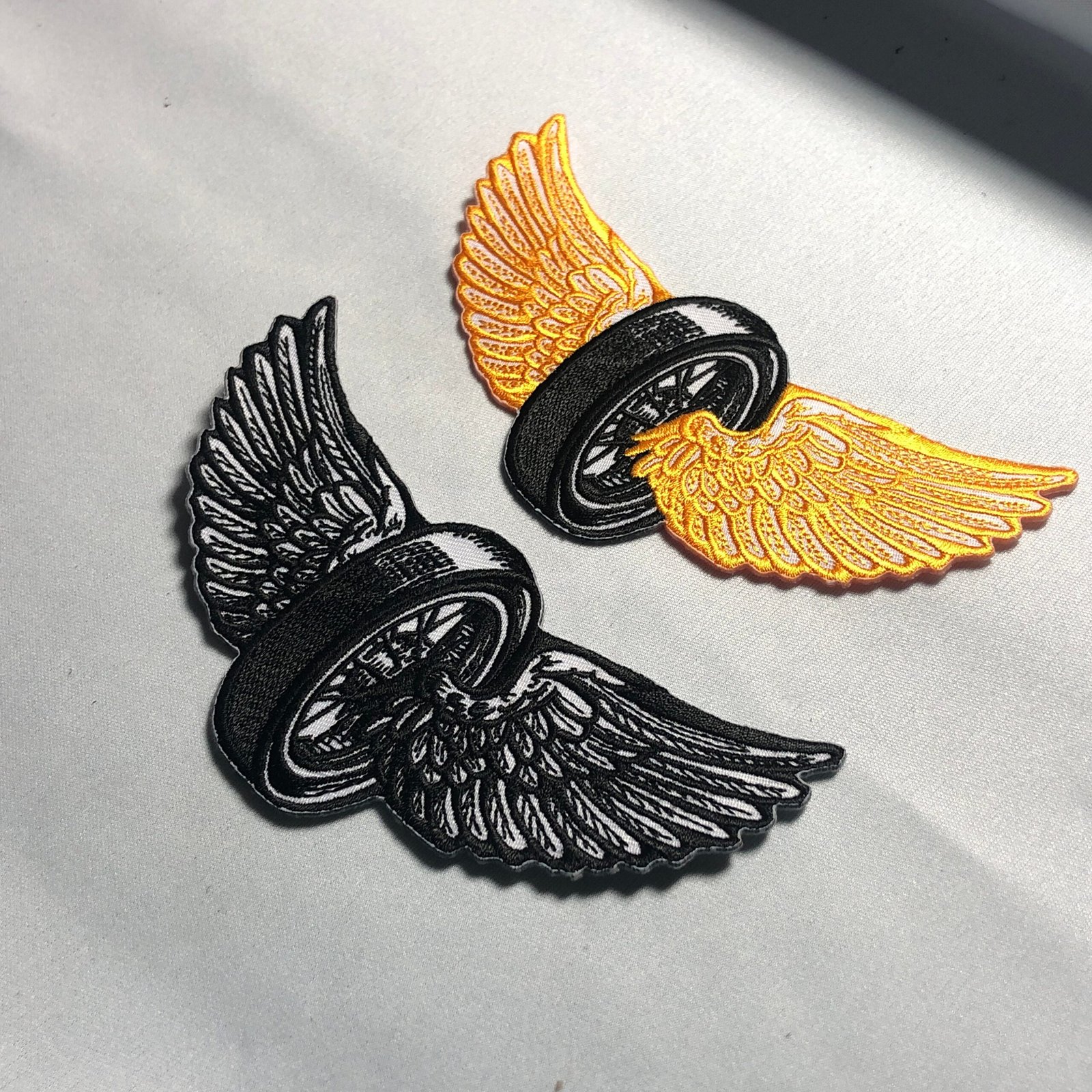 FLYING WHEEL WINGS Iron-On Patch – Biker Motorcycle Leather Vest – Tire Embroidery Morale – Bike Freedom Orange