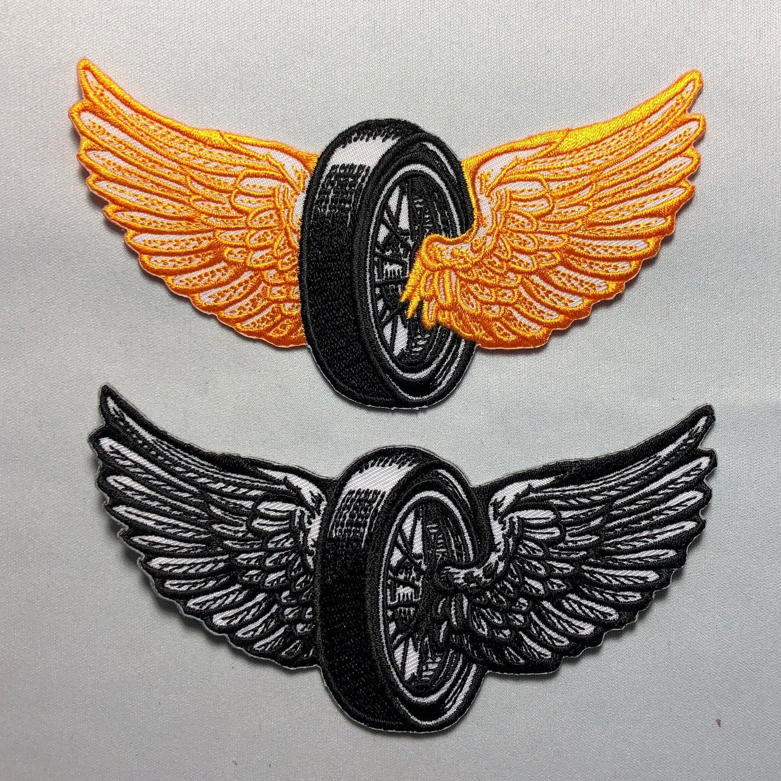 FLYING WHEEL WINGS Iron-On Patch - Biker Motorcycle Leather Vest - Tire Embroidery Morale - Bike Freedom Orange