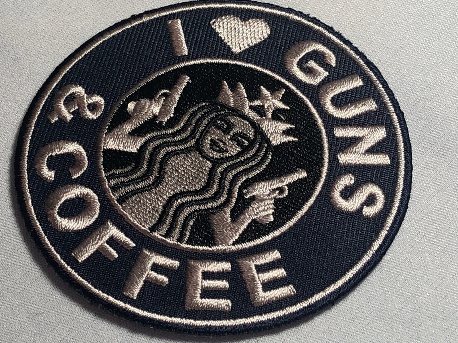 I love GUNS and COFFEE Patch Morale Army Green 2nd Brew Coffeine Amendment Heart Tactical Java Pistol AR15 C8H10N4O2 Grenade