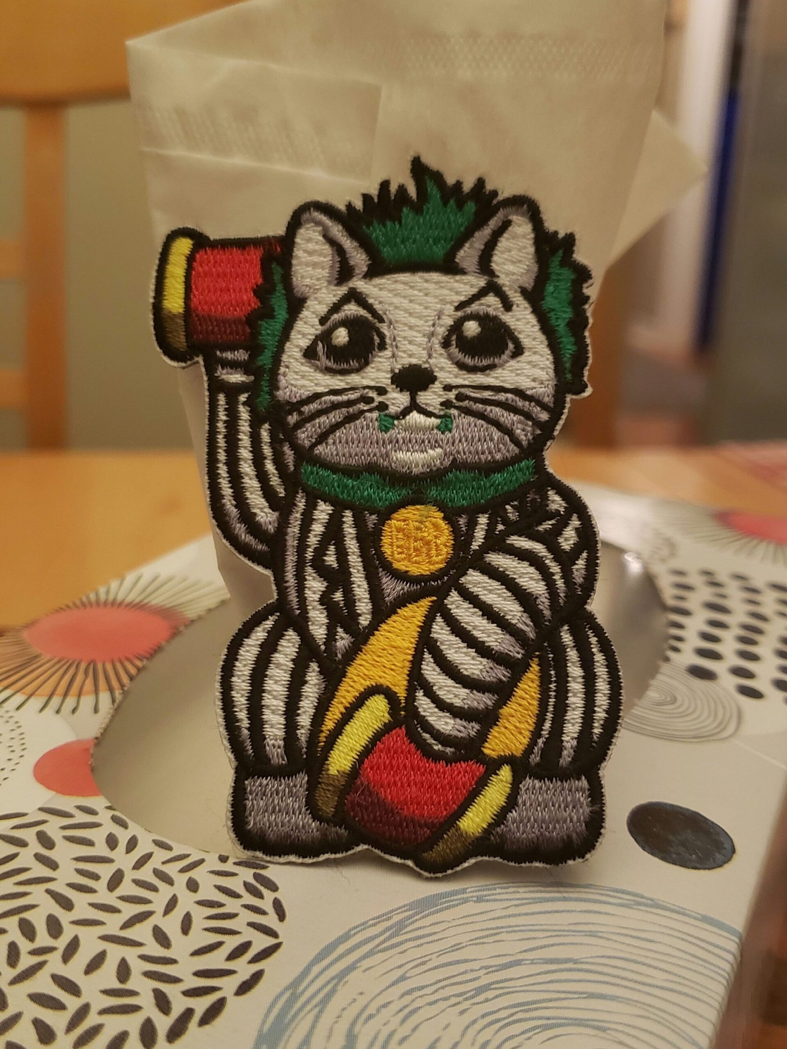 Lucky Cat Maneki Neko Mashup embroidery patch morale hook loop Tim Burton horror film movie Keaton Betelgeuse