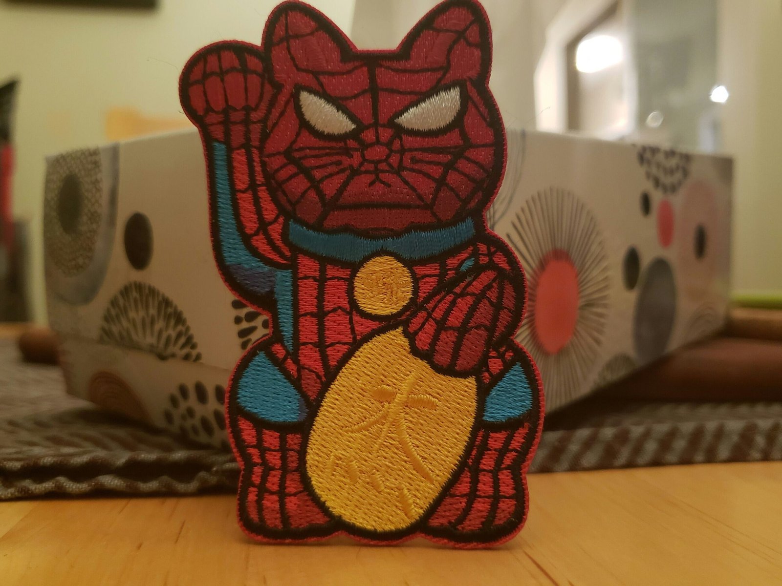 Lucky Cat Maneki Neko Mashup embroidery patch morale Comics hook loop Stan lee Amasing fantasy popculture Peter Parker villain