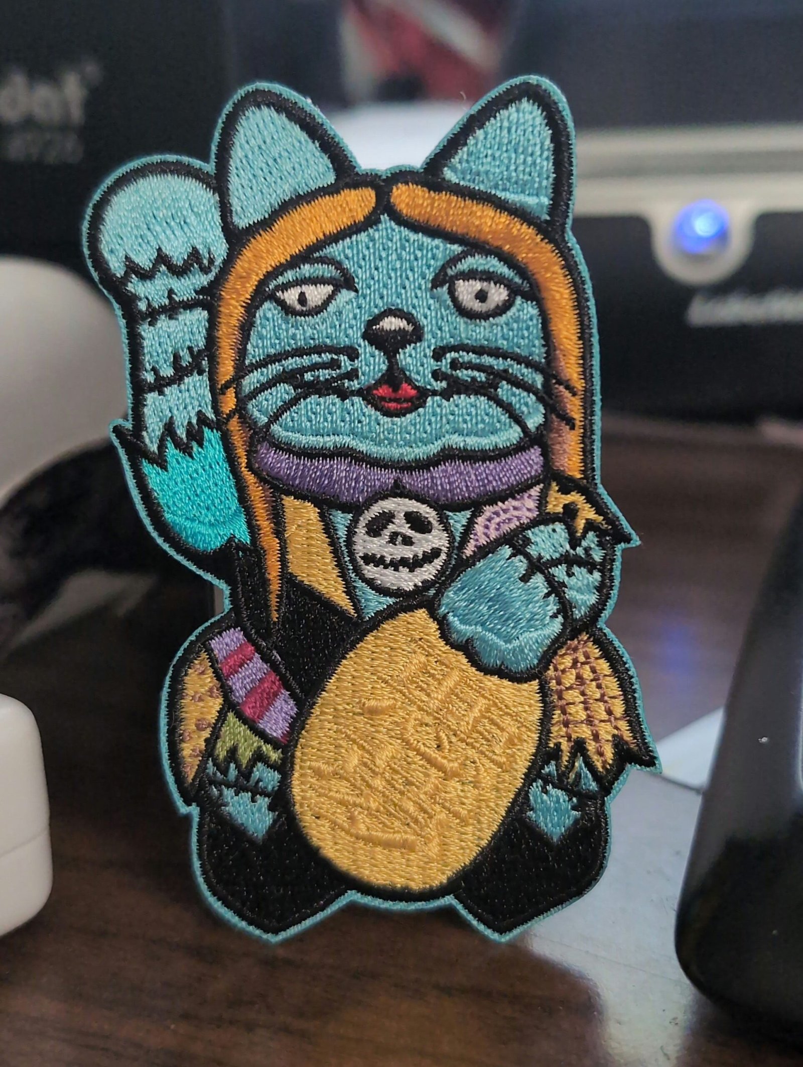 Lucky Cat Maneki Neko Mashup embroidery patch morale hook loop The Nightmare Before Christmas Pumpkin King Halloween Rug Doll Burton